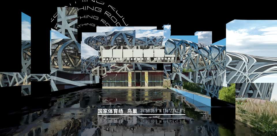 Photo of Adidas Running Lab installation in London showing a runner on a treadmill in front of a large LED screen displaying an abstract visualization of a cityscape.