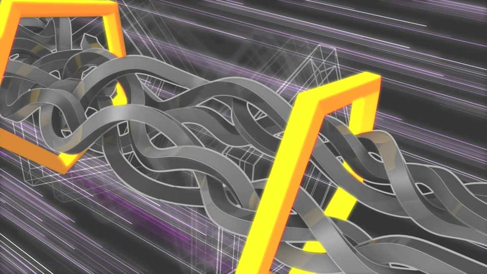 Still of a 3D animation showing a rotating abstract sculpture