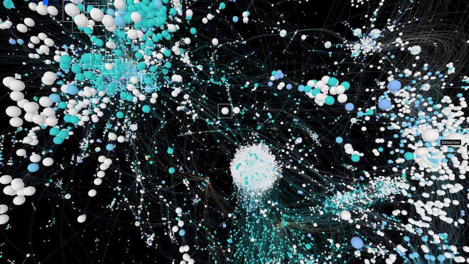 Still from the IBM Under the Surface experience showing a detailed 3-dimensional data structure in a dark environment