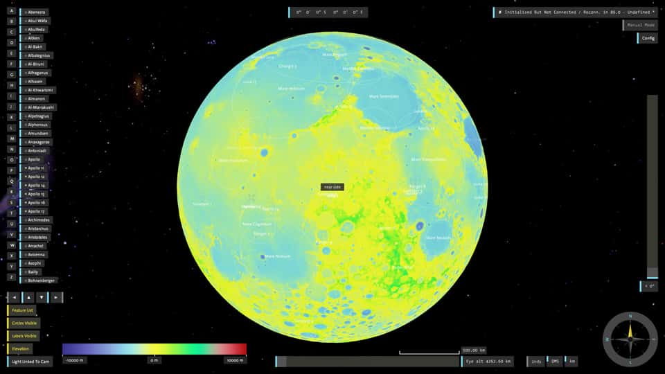 A screenshot of the Moontable project with a yellow and turquoise moon surface, visualizing the elevation data of the moon's surface in a 3D visualization with interactive elements.