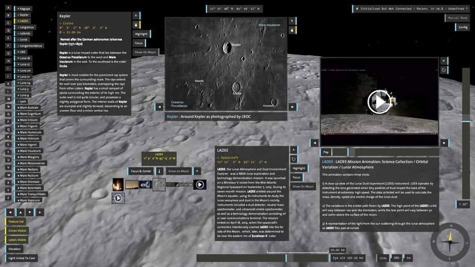 Screenshot of the Moontable project showing a 3D visualization of the moon's surface with interactive elements, including a highlighted crater and informational pop-ups.